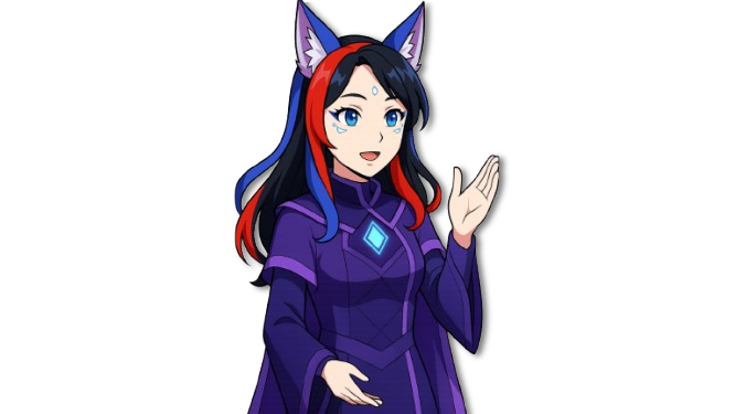 An animated character with long black hair and red highlights, wearing a purple robe and cat-like ears, is gesturing with one hand.